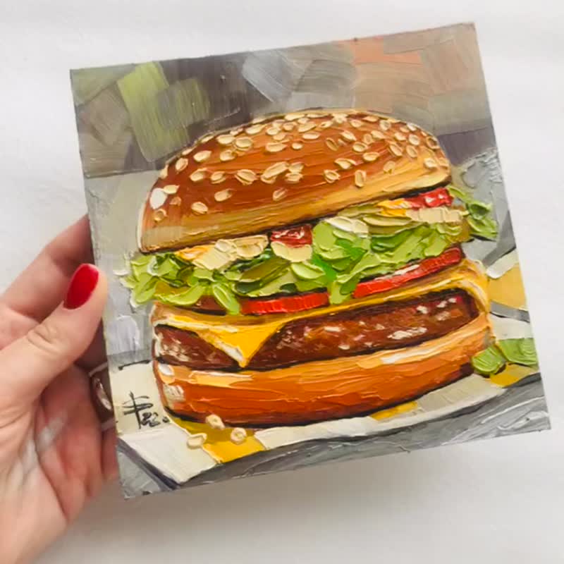Hamburger Painting Kitchen Original Art Food Oil Wall Art Home Decor - 墙贴/壁贴 - 其他材质 橘色