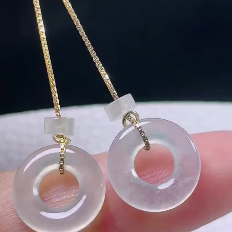 冰种翡翠 天然翡翠 A玉 耳坠 耳钉 • 甜甜圈平安扣翡翠耳环 - 耳环/耳夹 - 玉石 