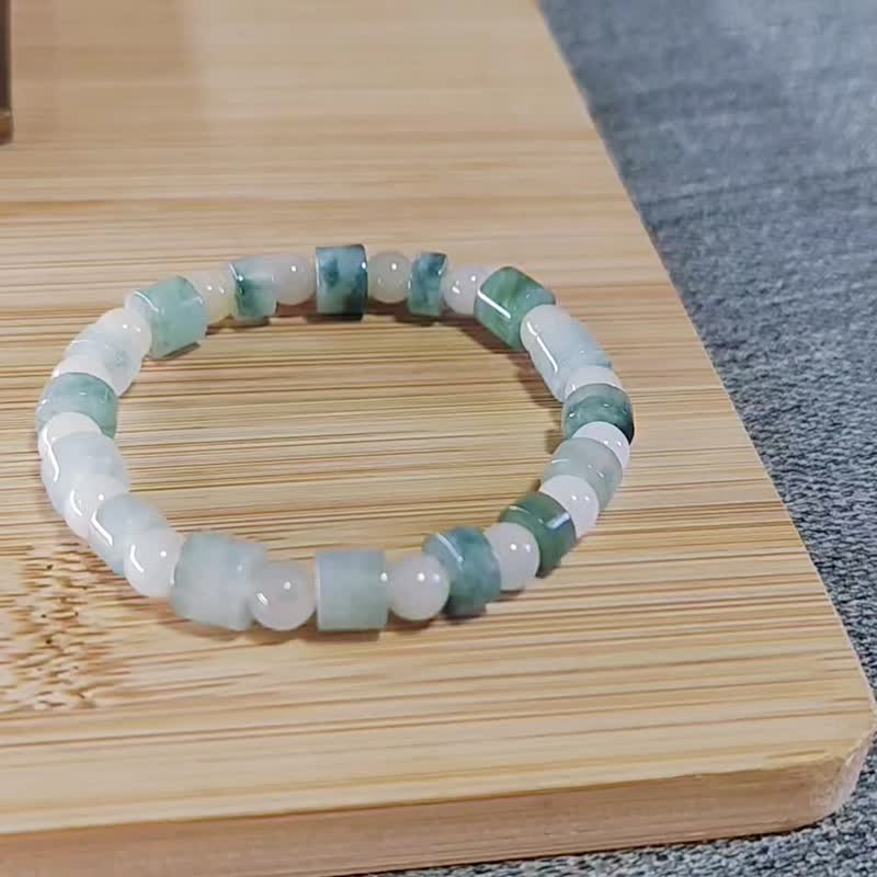 【纯翠】天然翡翠 高冰飘花路路通小桶珠极美仙气7mm+手串 - 手链/手环 - 玉石 多色