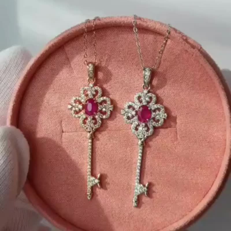 天然红宝石 925 纯银镀玫瑰金 项链 - 项链 - 纯银 红色