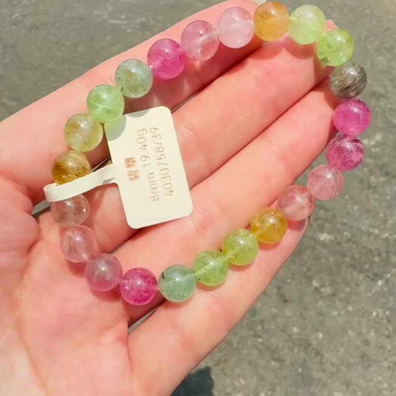 小精品美人鱼色碧玺水晶8mm19.40g带稀有浅蓝西柚粉灰碧玺旺夫石 - 手链/手环 - 水晶 多色