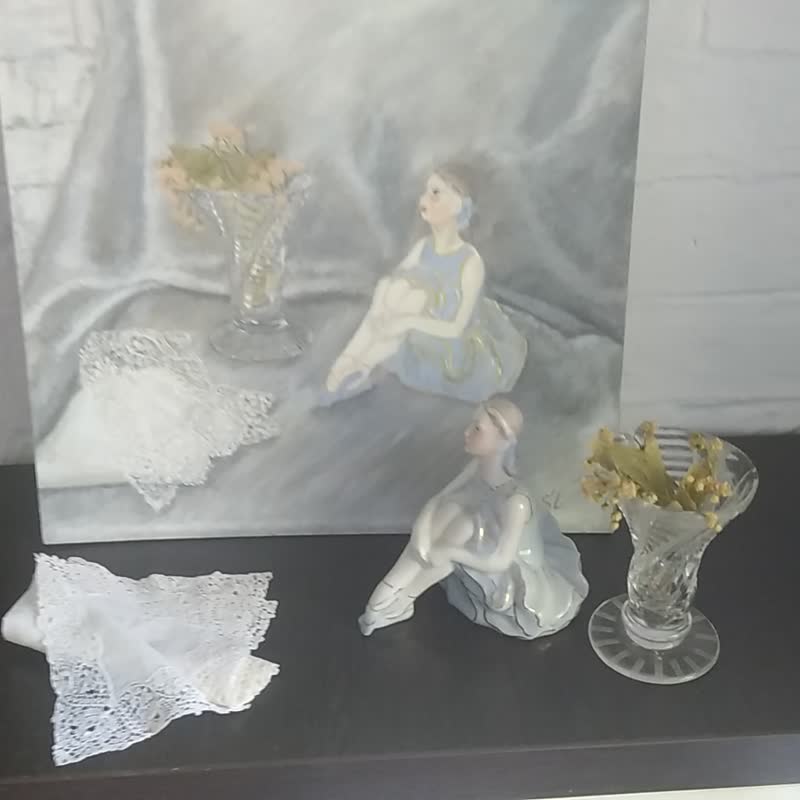 Ballerina figurine oil painting still life original art vintagevase handkerchie - 海报/装饰画/版画 - 其他金属 多色