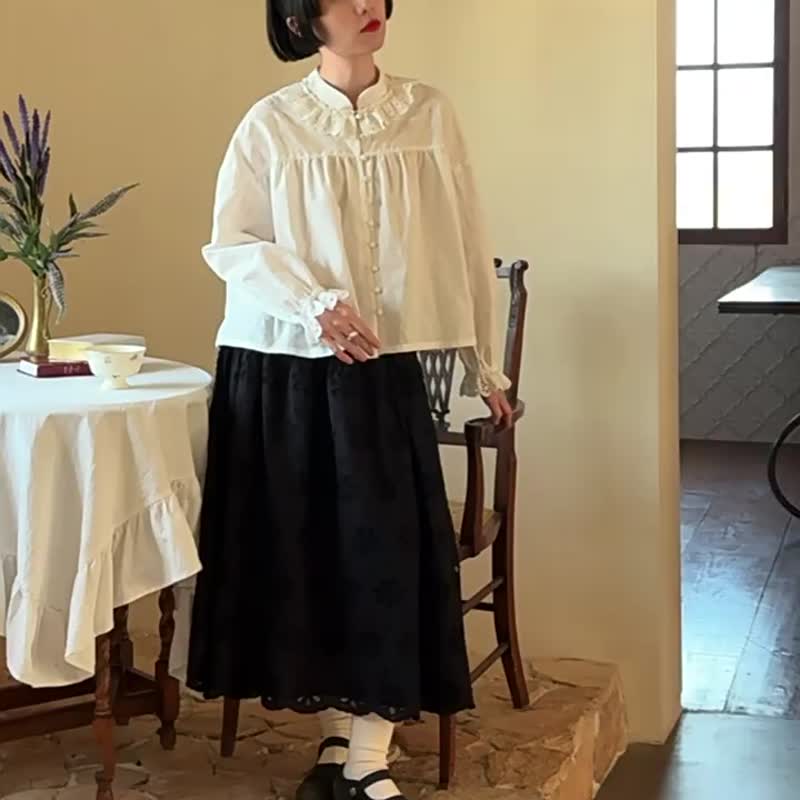 白色 花邊領立領襯衫 寬松設計感長袖上衣 - 女装衬衫 - 棉．麻 白色