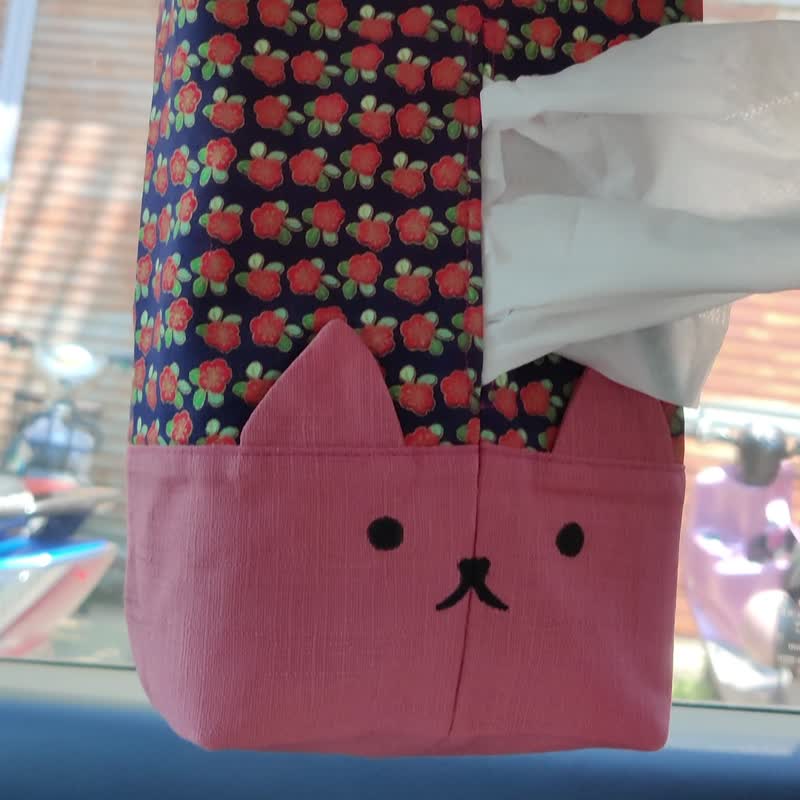 可拆式提把 吊挂式车用 居家桌上型 粉色手绘猫咪卫生纸套 - 收纳用品 - 棉．麻 粉红色