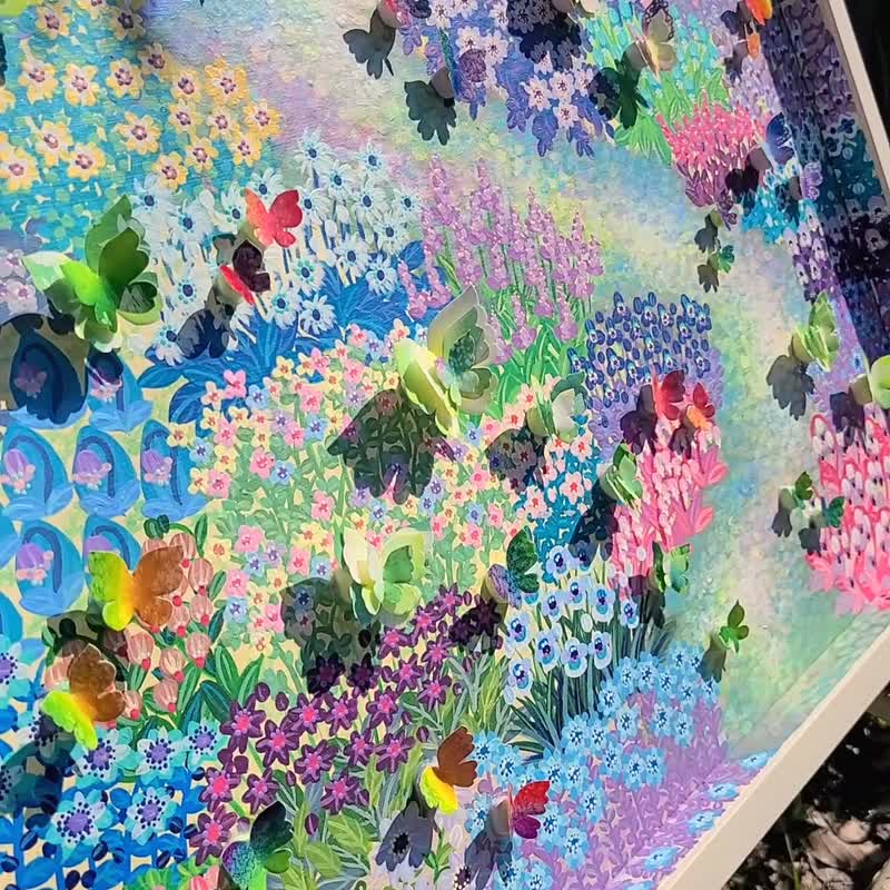 【Smile flower garden/仅此一件原作画】花园 绘画 蝴蝶 花园 色彩缤纷 可爱 店面装饰 日本制造 Painting - 海报/装饰画/版画 - 木头 多色