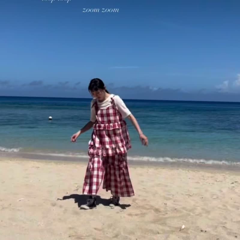 套装 红格子绑带背心与红格子蝴蝶结宽裤 - 女装背心 - 棉．麻 红色