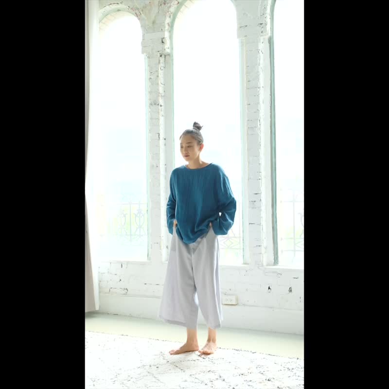 OMAKE 单扣八分宽裤 / 棉麻 浅灰 - 女装长裤 - 棉．麻 灰色