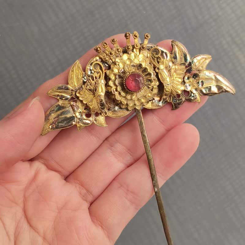 老鎏金花卉发簪– 古董发饰 - 纯古董 SA-024 - 其他 - 银 金色
