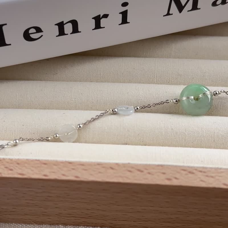 绿底洒乌鸡厚庄平安扣925银手链 |天然缅甸翡翠 - 手链/手环 - 玉石 绿色