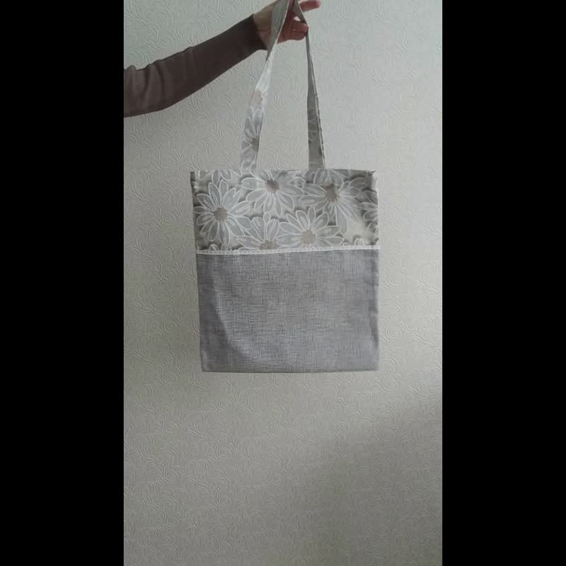 Strong reusable grey tote bag, cotton canvas bag chamomile - 手提包/手提袋 - 棉．麻 银色