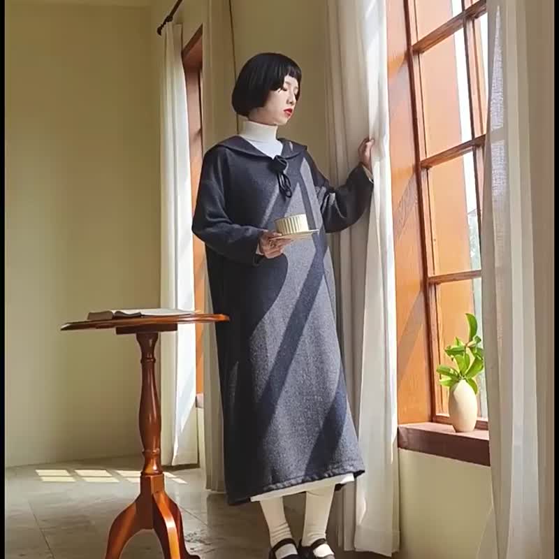 灰色 法式海軍領立體手工玫瑰花洋裝 寬松羊毛毛呢連衣裙子 - 洋装/连衣裙 - 羊毛 灰色