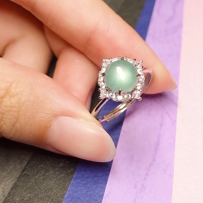 放光冰蓝翡翠蛋面戒指 925银 | 天然A货翡翠 | 送礼 - 戒指 - 玉石 透明