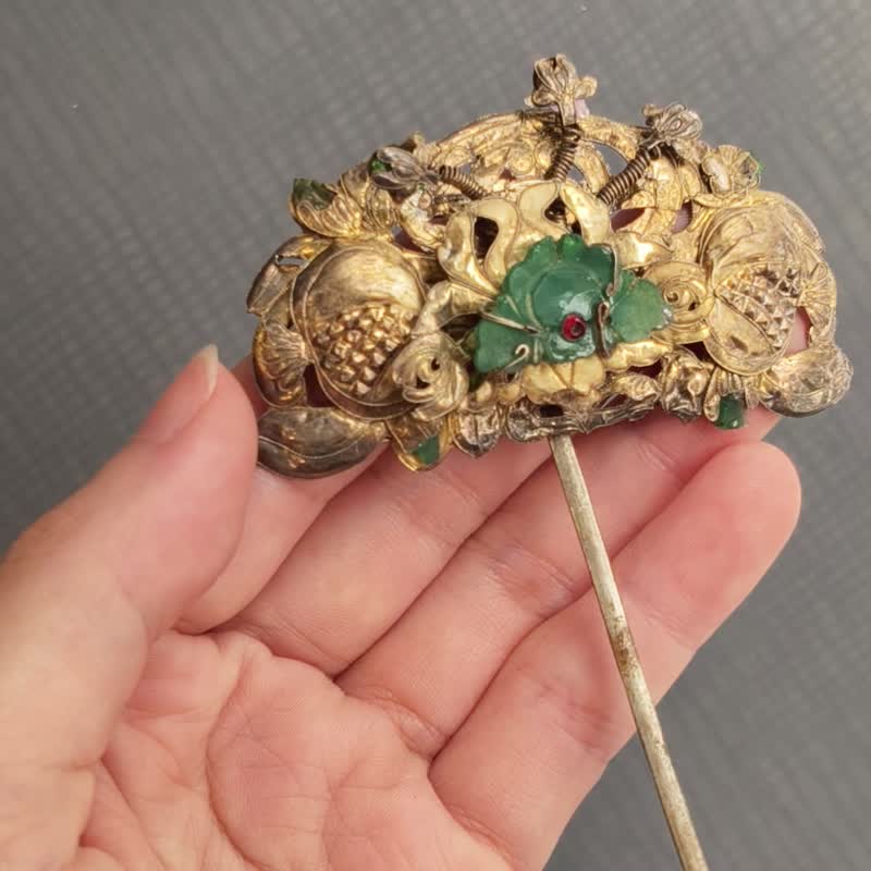 老鎏金花卉发簪 – 古董发饰 / 帽花 - 纯古董 SA-018 - 其他 - 银 金色