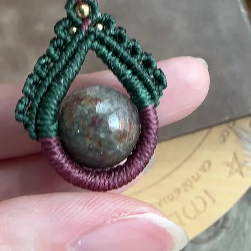 N1106 民族风 蜡线编织 花幽灵水晶珠 铜珠 颈链 (可调长度) - 项链 - 宝石 绿色