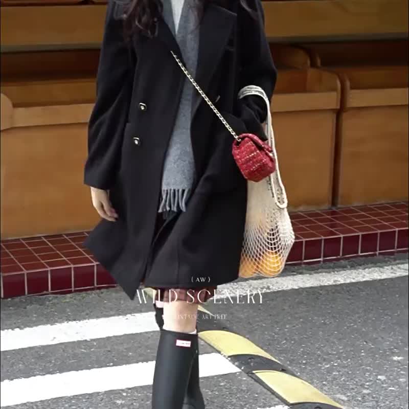黑色 巴黎夜旅人 赫本風復古毛呢外套 廓形斜紋呢料秋冬大衣 - 女装休闲/机能外套 - 其他人造纤维 黑色