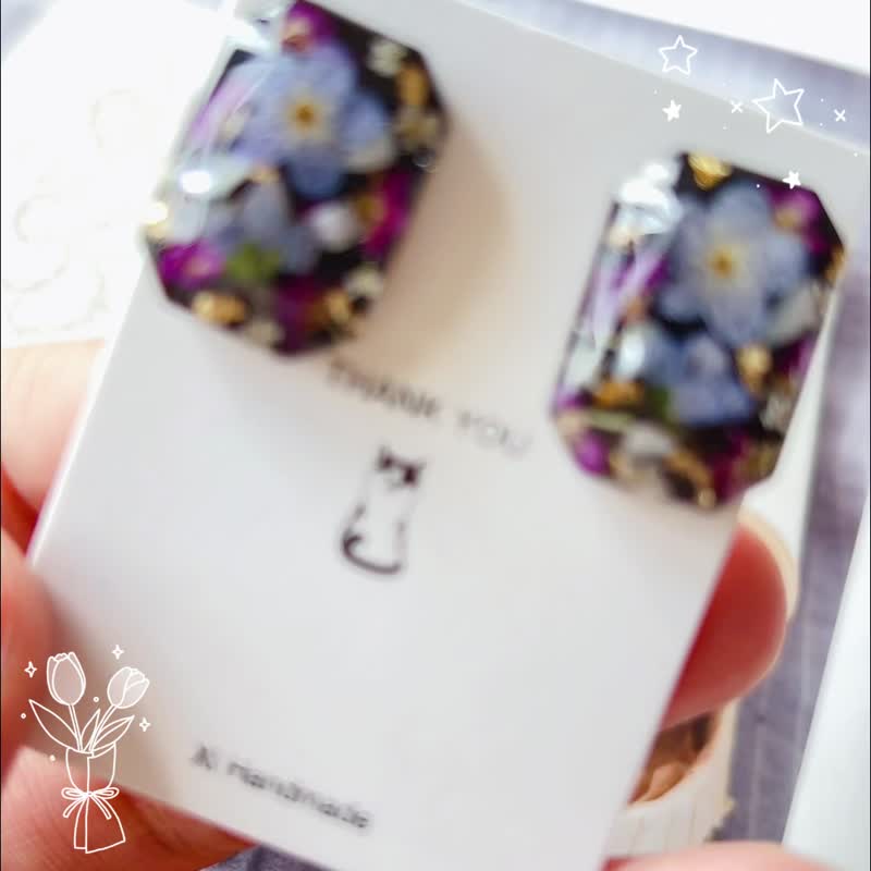 Xi茜作 设计师款 纯手工 黑彩宝石形 轻奢真花 干花耳夹 纯银耳钉 - 耳环/耳夹 - 植物．花 黑色