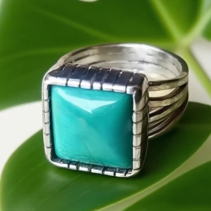 【Captain Flint银饰】天然绿松石纯银戒指 可选宝石 方心所向 - 戒指 - 宝石 绿色