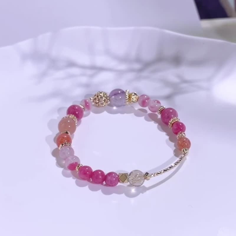 樱花落雨 摩根石 | 蔷薇辉石 | 紫兔毛 | 金发晶 | 太阳石 | 水晶手链 A02 - 手链/手环 - 水晶 粉红色