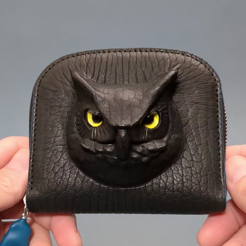 3D 雕鸮 皮革钱包 – 独特日本手工制作 - 皮夹/钱包 - 真皮 黑色