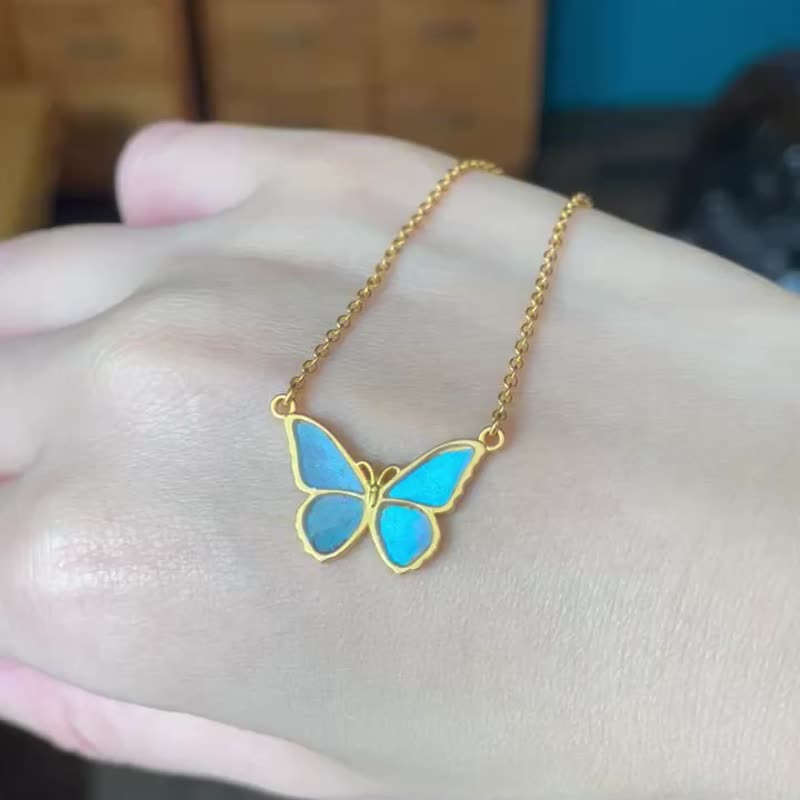 Morpho butterfly small antique pendant straight - 项链 - 其他金属 蓝色