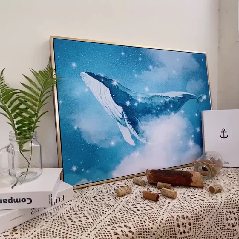 童话鲸鱼I - 手绘蓝色鲸鱼挂画/海洋生物挂画/儿童房布置/装饰画 - 海报/装饰画/版画 - 棉 蓝色