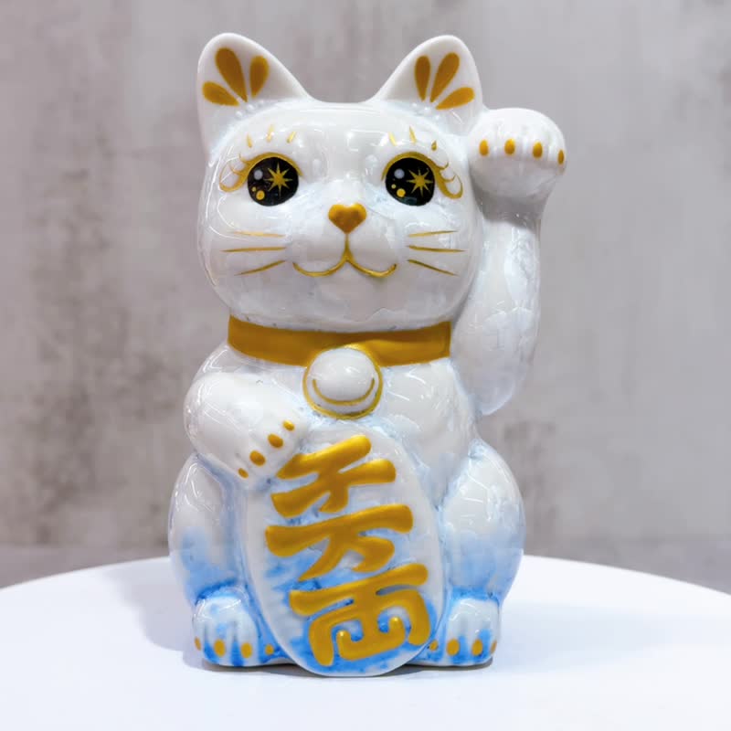 【万両福猫】日本清水烧招财猫 | 花结晶 青白 千万両 左 - 摆饰 - 瓷 白色