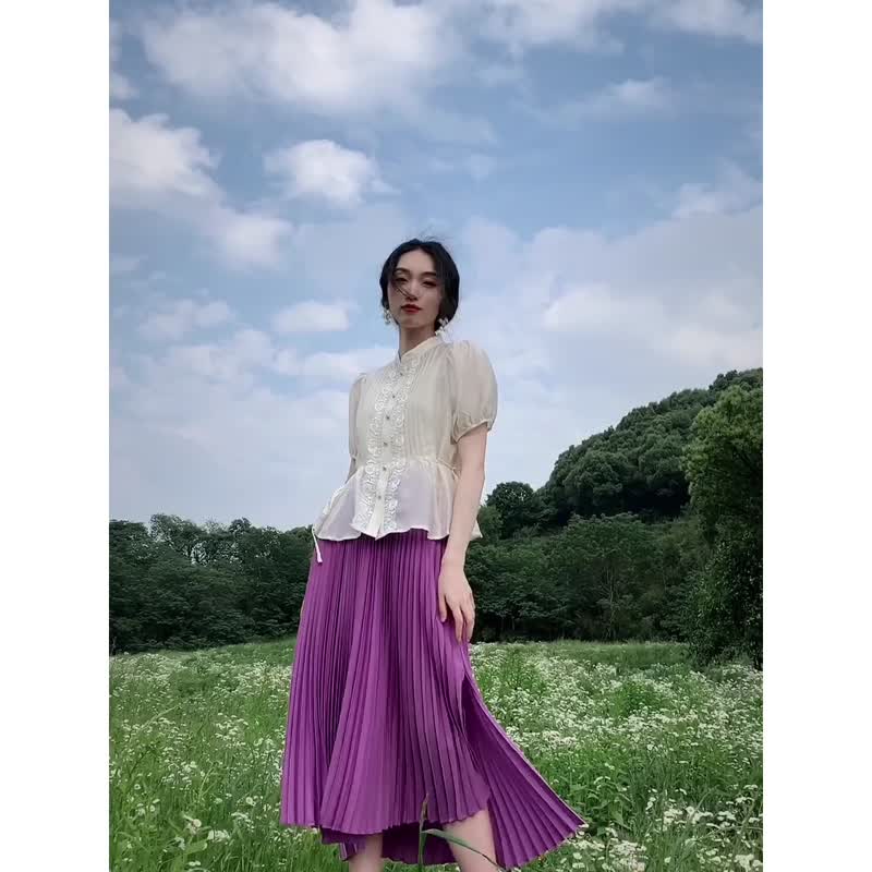 限量贩售 绿色高腰松紧大裙摆百褶裙半身裙文艺通勤设计感洋装 - 裙子 - 其他材质 