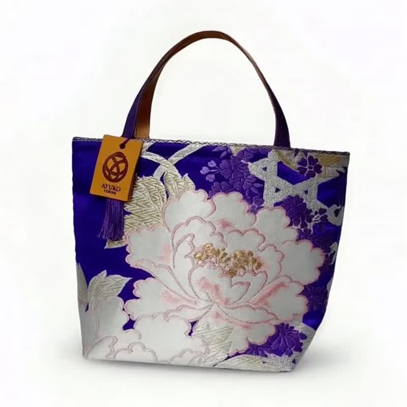 独一无二100%丝质和服袋带托特包 | 手工刺绣 | 日本艺术手提包 - 手提包/手提袋 - 丝．绢 紫色