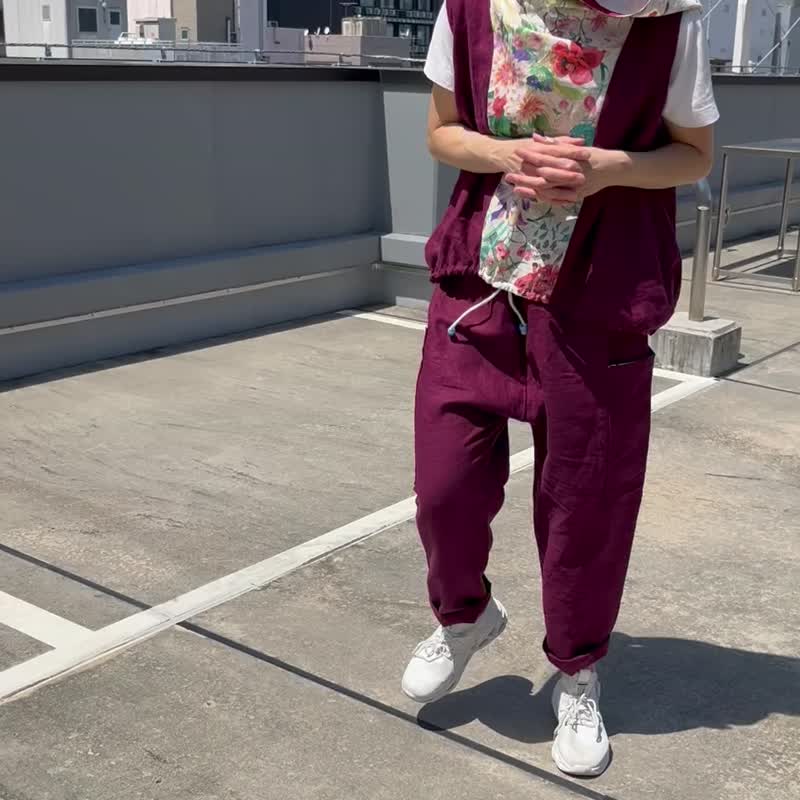 绝对会成为您的爱用款！酒红色国产亚麻 略宽松的舒适长裤 - 女装长裤 - 棉 紫色