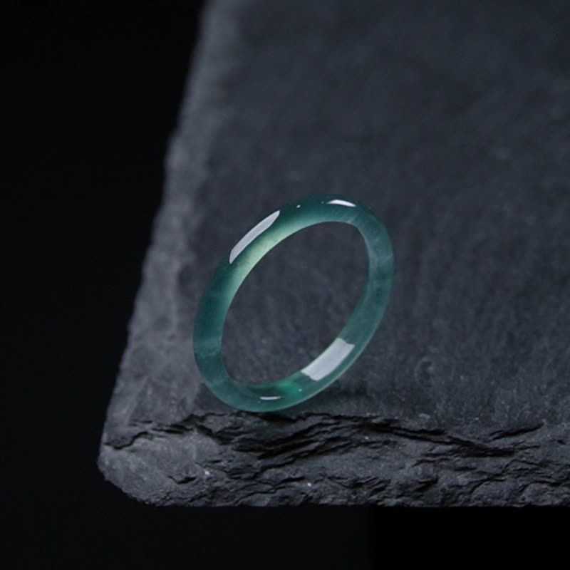 冰种蓝水翡翠戒指戒圈 | 国际14围 | 天然翡翠A货 | 送礼 - 戒指 - 玉石 蓝色