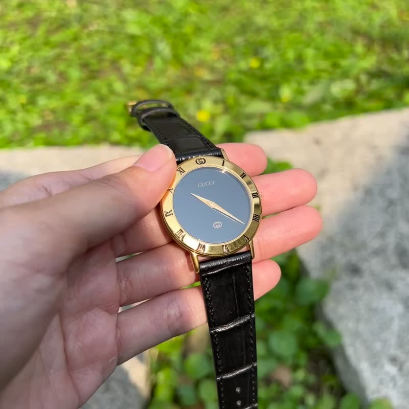 稀有古董Gucci皮革罗马石英表 - 女表 - 其他材质 黑色