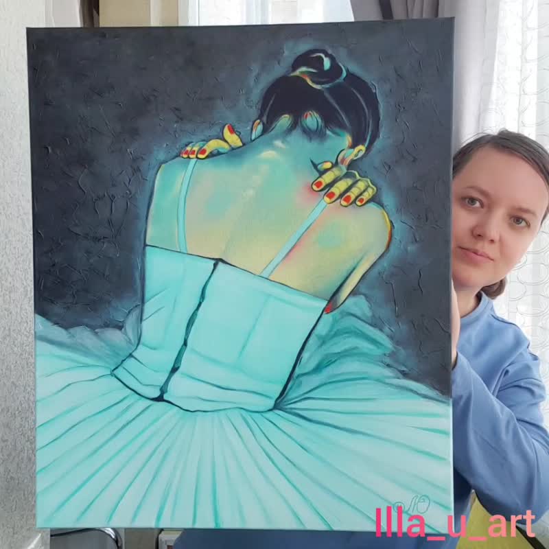 Ballerina Painting Woman Original Art Dancer Wall Art Oil Painting Canvas Art - 海报/装饰画/版画 - 棉 蓝色