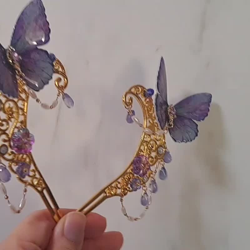 新中式【紫蝶穿花】发簪/对簪~珍珠链垂坠 - 发饰 - 其他金属 紫色