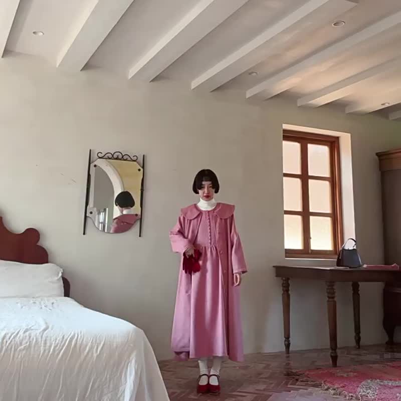彩虹粉 娃娃領大衣 冬季 通勤百搭寬松厚實毛呢外套 - 女装休闲/机能外套 - 羊毛 粉红色