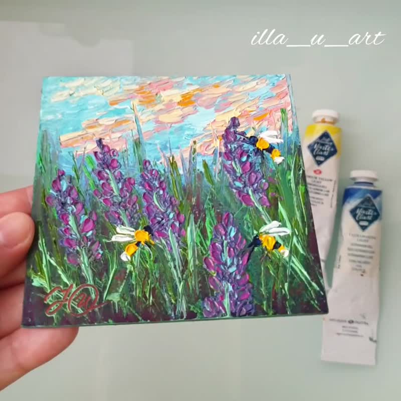 薰衣草田画蜜蜂原创艺术花卉墙艺术小油画 - 海报/装饰画/版画 - 其他材质 紫色