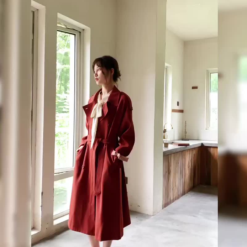 复古撞色砖红色中长款宽松百搭休闲风衣外套 - 女装西装外套/风衣 - 其他材质 红色