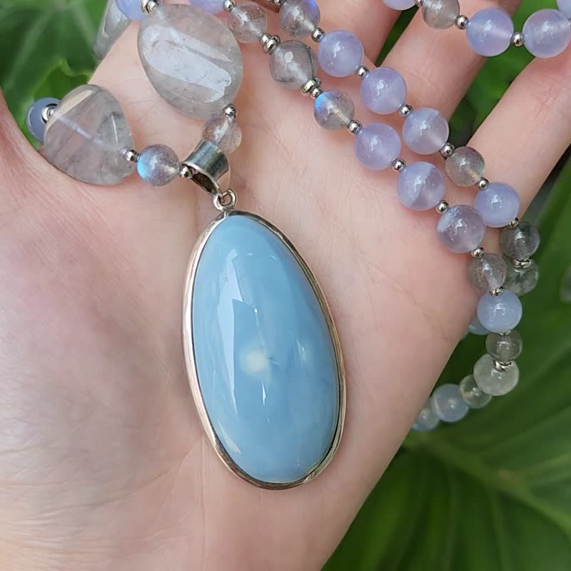 顶级 蓝天使石 与天链接 灰发晶 云水晶 冰蓝纹玛瑙 长项链 单品 - 项链 - 宝石 蓝色