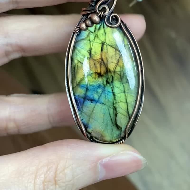 WW114 全手工编织 绕铜线 复古做旧 wire wrap 拉长石吊咀 - 项链 - 铜/黄铜 咖啡色
