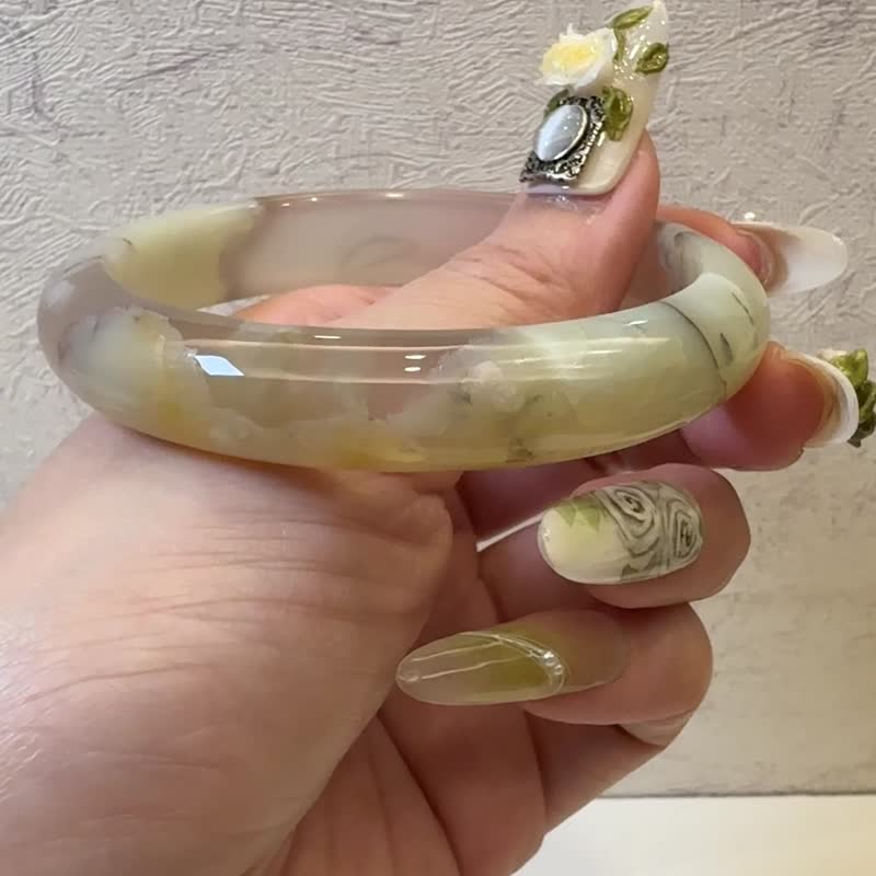 樱花玛瑙手镯 玛瑙手镯稀有翠绿草原冰紫灰底正镯套镯57-58可戴 - 手链/手环 - 玉石 