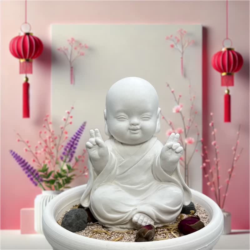 禅风设计 佛艺新美学 精油香氛扩香 净念吉祥小佛之一笑中盘套组 - 香薰/精油/线香 - 水泥 白色