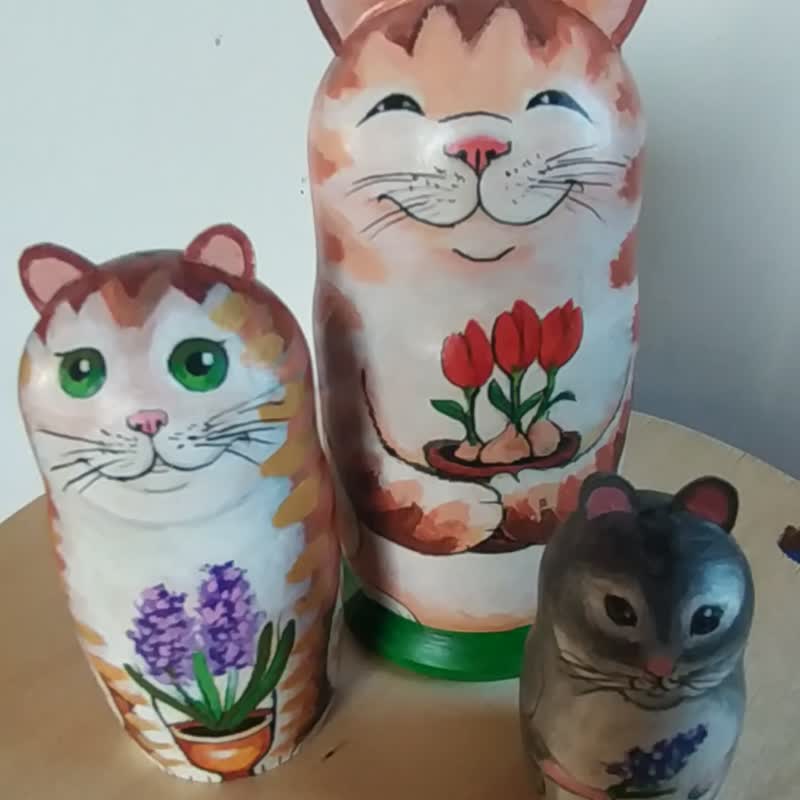 Cat Painting Matryoshka Original Art Wood Dolls Animals Art Handmade by AZAart - 订制画像 - 木头 橘色