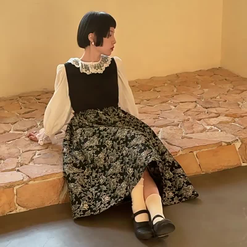 暗夜花影 提花拼接洋裝 法式復古連身裙 背心長裙 - 洋装/连衣裙 - 其他人造纤维 黑色