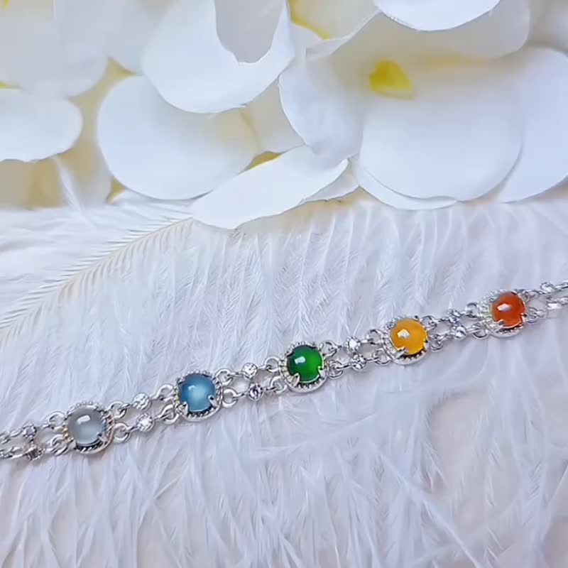 |好运彩虹|A货翡翠冰多彩彩虹蛋面4.5mm纯银镀18k豪镶款手链 - 手链/手环 - 玉石 
