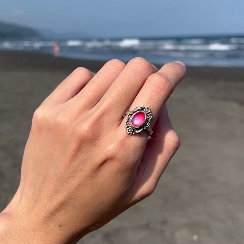 喜迎瑶 925银 粉月光 月光石 粉月光石 活口 戒指 民族风 男女 - 戒指 - 水晶 银色