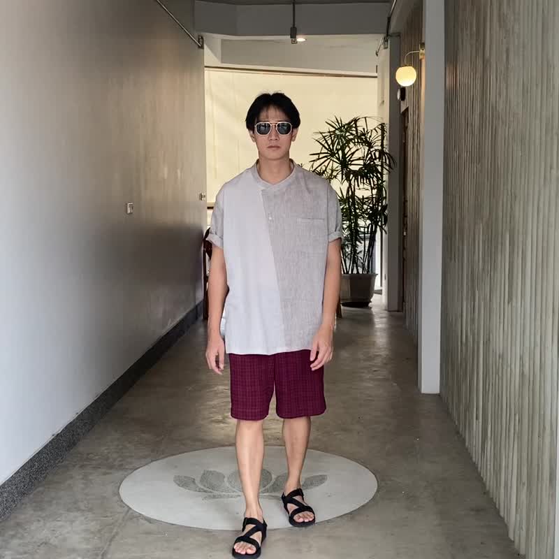 Blue & J 亚麻短袖衬衫，中国领，斜排扣设计 - 米白/银色 - 男装衬衫 - 亚麻 白色
