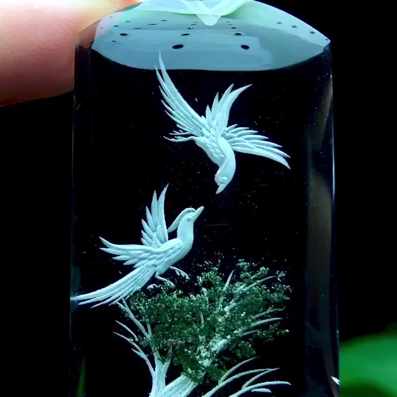 精美绿幽灵内雕喜鹊发财树吊坠  俏色阴雕  晶体干净透亮 个头足 - 摆饰 - 水晶 
