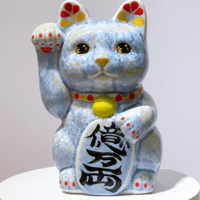 【银藤耀彩】日本清水烧招财猫 | 花结晶 银藤 - 亿万両 特大 右 - 摆饰 - 瓷 蓝色