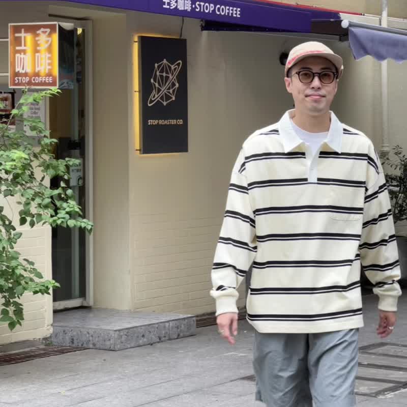 POLO 日系美式復古長袖條紋POLO 日常通勤搭配Cityboy - 男装上衣/T 恤 - 棉．麻 卡其色
