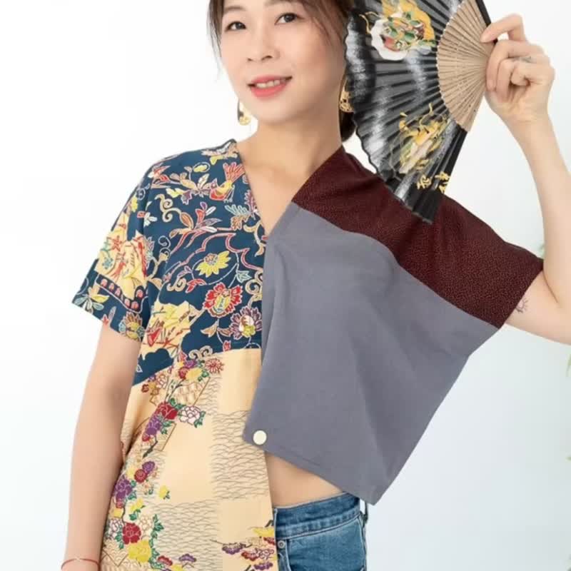独一无二日本丝质和风花鸟撞色拼接四角衣四方衣 - 女装背心 - 丝．绢 多色