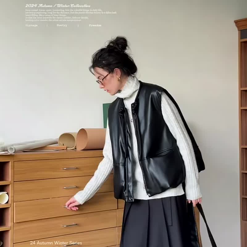 黑色 叛逆女孩 酷感環保PU皮馬甲 秋冬抽繩廓形設計外穿背心 - 女装休闲/机能外套 - 人造皮革 黑色